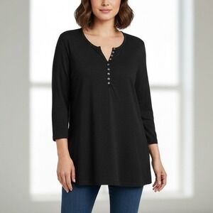 Chico's Black 3/4 Sleeve V-Neck Button Henley Tunic Top Size 2/Large Cotton